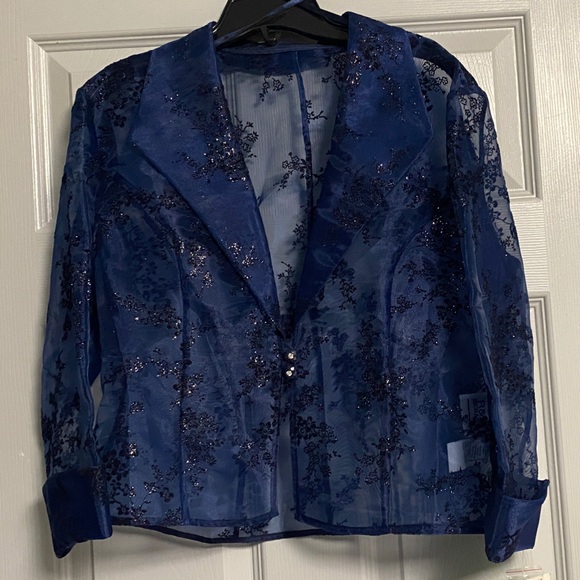 R&M Richards Navy Blue Spaghetti Strap Gown Elegant Sheer Sparkle Jacket NWT - Picture 6 of 8